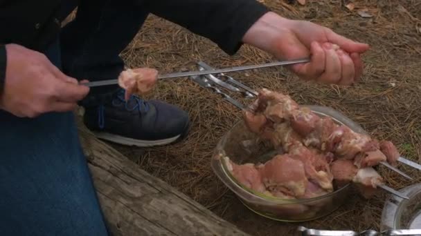 Hombre colgando kebab en un pincho. Cocinar kebabs en la naturaleza — Vídeo de stock