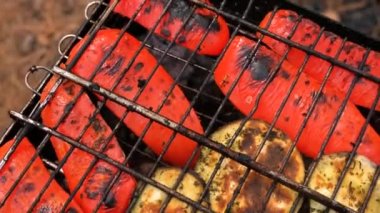 Biber ve patlıcan ızgarada kızartılmış, yakın plan. Izgara sebze.