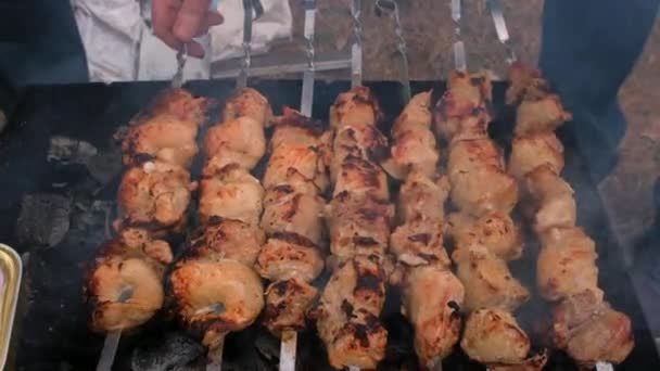 Skewers om te roosteren op de grill, close-up. Barbecue buiten — Stockvideo