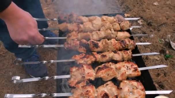 Hombre asando en la parrilla, de cerca. Barbacoa al aire libre — Vídeos de Stock