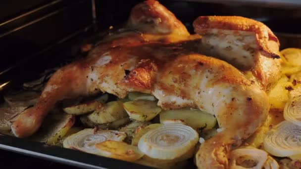 Жареная курица со специями и картофелем на хлебопекарном листе поджаривается в духовке — стоковое видео