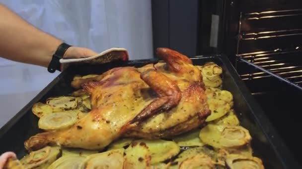 Жареная курица со специями и картошкой в духовке. Вытаскивая курицу из духовки — стоковое видео
