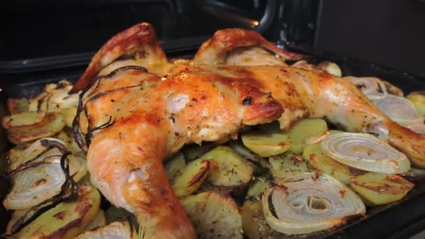 Pollo frito con especias y patatas en una bandeja para hornear se fríe en el horno — Vídeo de stock