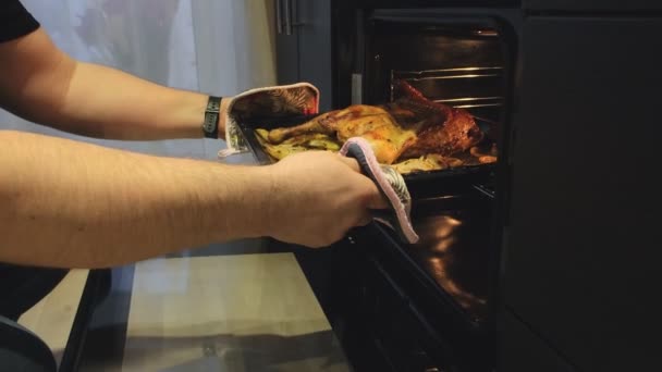 Frango assado com especiarias e batatas no forno. Tirar o frango do forno — Vídeo de Stock