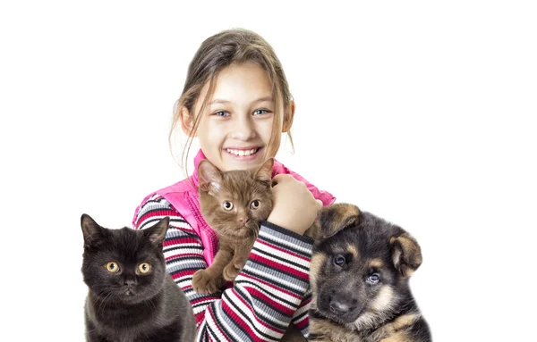 Petite fille avec des animaux domestiques — Photo