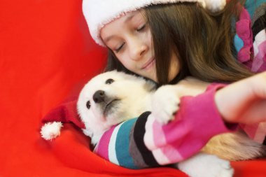 çocuk ve köpek Noel şapkalı