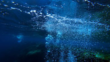 Denizin dibinden birçok hava kabarcığı yükselir.