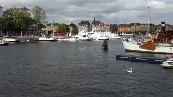 Dijk en pier in het centrum van Stockholm. Zweden. — Stockvideo