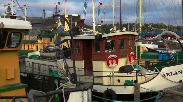 堤防、桟橋では、ストックホルムの中心部。スウェーデン. — ストック動画