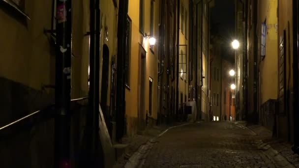 Antiga rua estreita no centro de Estocolmo. Cidade velha. Noite, luzes — Vídeo de Stock