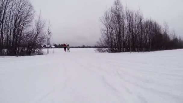 Sneeuwscooter rijdt op winter veld. — Stockvideo