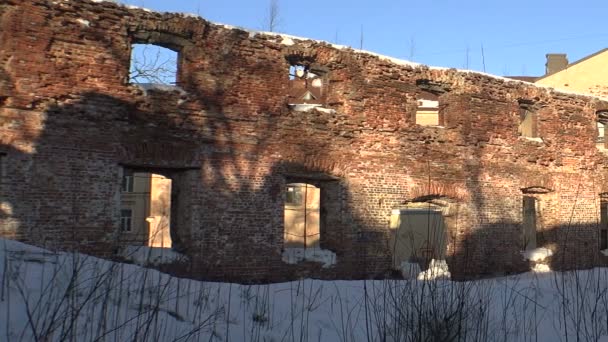 Ruins and debris of the old brick house. — Stock Video