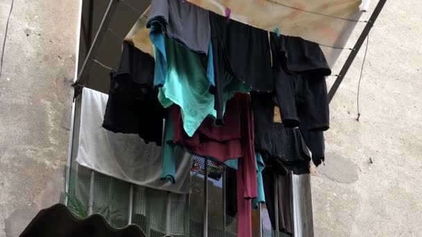 Linen drying on the balcony in Barcelona. Spain. — Stock Video