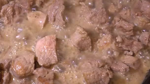 Жареное мясо в сковороде. 4K . — стоковое видео