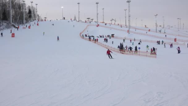 Skidåkare åka med snötäckta berg. 4k. — Stockvideo