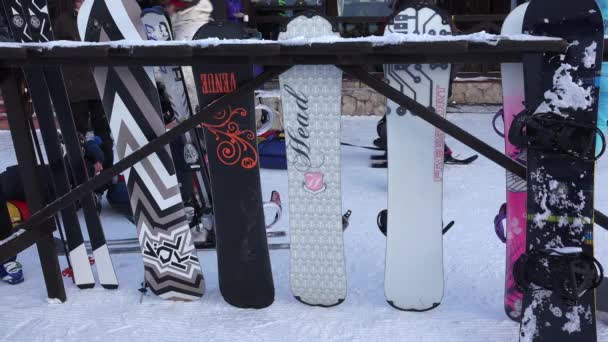 Skis, ski boots, legs. 4K. — Stock Video