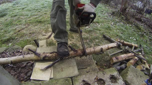 Человек пилит деревянную бензопилу. 4K . — стоковое видео