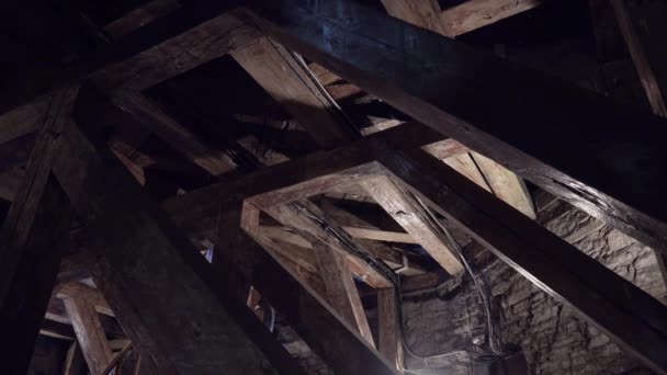 Old attic with wooden beams. 4K. — Stock Video