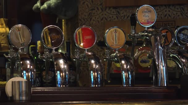 Grues pour embouteiller de la bière dans un bar. 4K . — Video