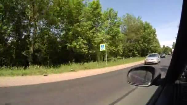 Anreise mit dem Auto durch grünen Wald. 4k. — Stockvideo