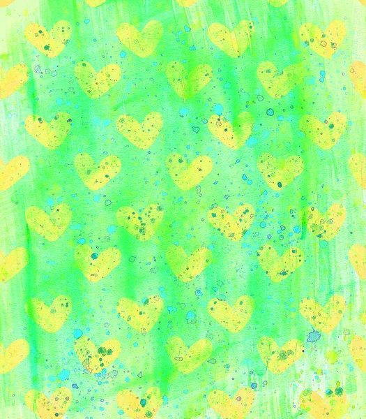Grön Bakgrund Med Gula Hjärtan Och Akvarell Fläckar — Stockfoto