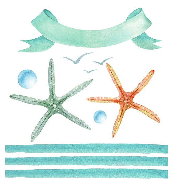 Conjunto Desenhos Aquarela Estilo Marinho Estrelas Mar Elementos Decorativos — Fotografia de Stock