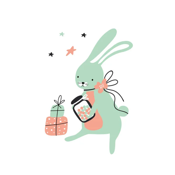 プレゼントやお菓子付きの青いウサギのドードルベクトルイラスト — ストックベクタ