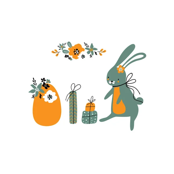 Doodle vektor illustration för påsk blå kanin, gåvor bukett med blommor och orange ägg — Stock vektor