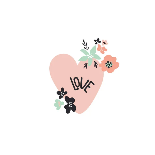 Coração rosa com flores, vetor doodle ilustração com a inscrição amor — Vetor de Stock