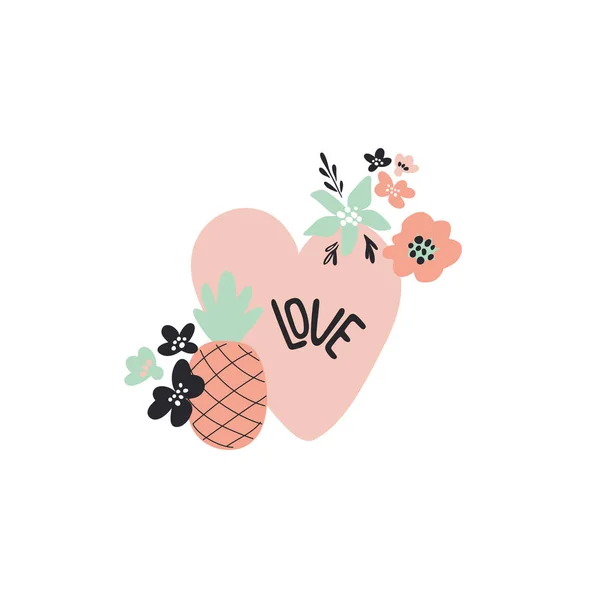 Corazón rosa con flores y frutas, ilustración vectorial — Archivo Imágenes Vectoriales