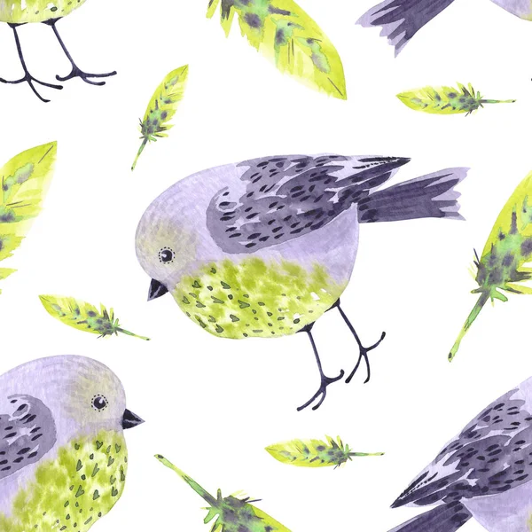 Μοτίβο Μπλε Πουλιά Και Πράσινα Φτερά Λευκό Φόντο Ακουαρέλα Εικονογράφηση — Φωτογραφία Αρχείου