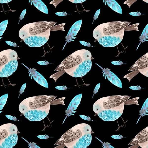 pattern with blue birds on a black background, abstract illustration watercolor birds and raining