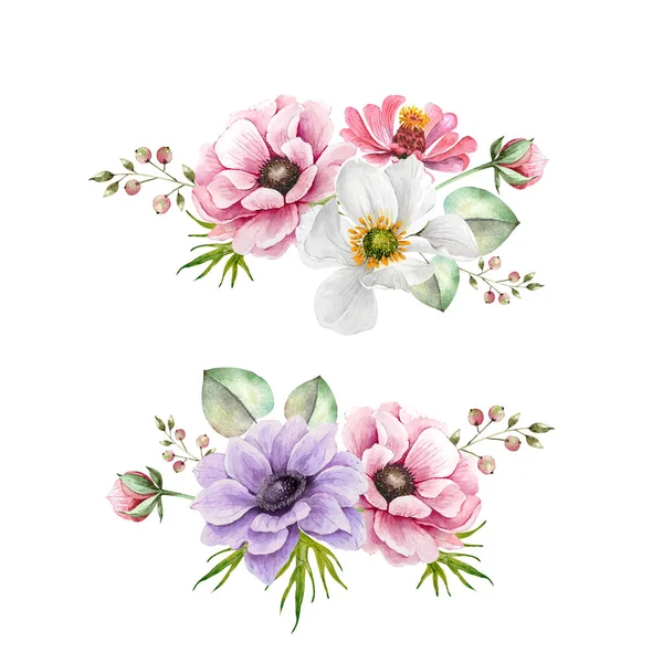 Set Van Boeketten Met Delicate Bloemen Anemonen Roze Lila Aquarel — Stockfoto