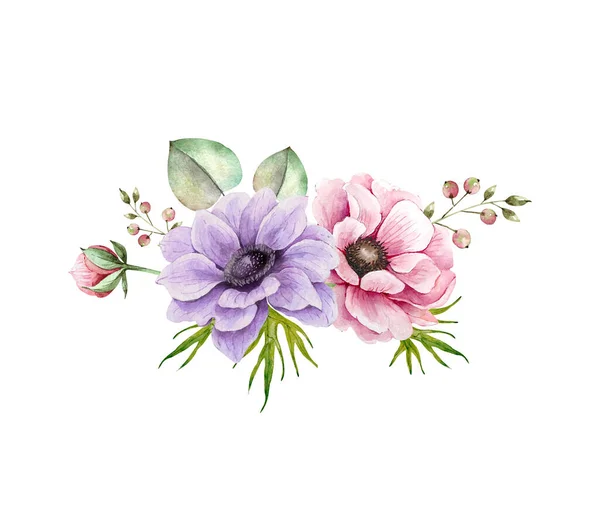 Boeket Met Delicate Bloemen Van Roze Lila Anemonen Aquarel Illustratie — Stockfoto