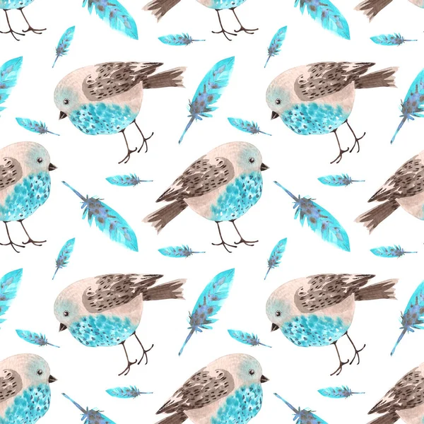 Padrão Com Pássaros Azuis Penas Fundo Branco Ilustração Aquarela — Fotografia de Stock