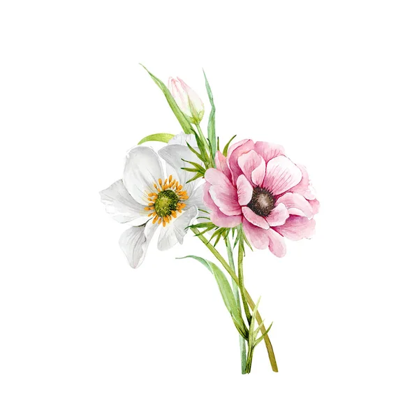 Delicate Boeket Bloemen Aquarel Illustratie Witte Achtergrond Witte Roze Bloem — Stockfoto