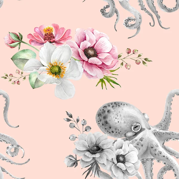 Узор Осьминогом Букет Цветов Винтажная Акварельная Иллюстрация Розовом Фоне Крупным — стоковое фото