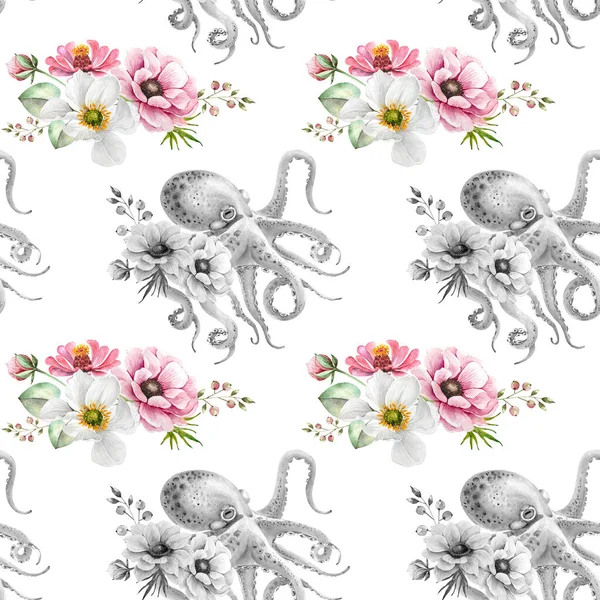 pattern with octopus and a bouquet of flowers, vintage watercolor illustration on white background