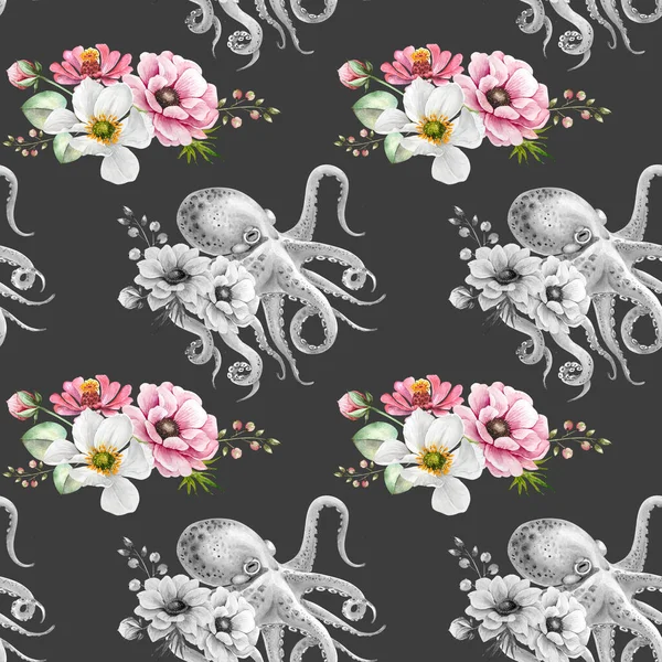 タコと花の花束のパターングレーの背景にヴィンテージ水彩画のイラスト — ストック写真