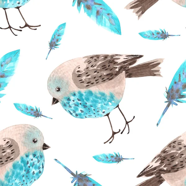 Patrón Con Pájaros Azules Plumas Sobre Fondo Blanco Ilustración Acuarela —  Fotos de Stock