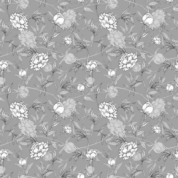 monochrome pattern with ornament and flowers on a gray background