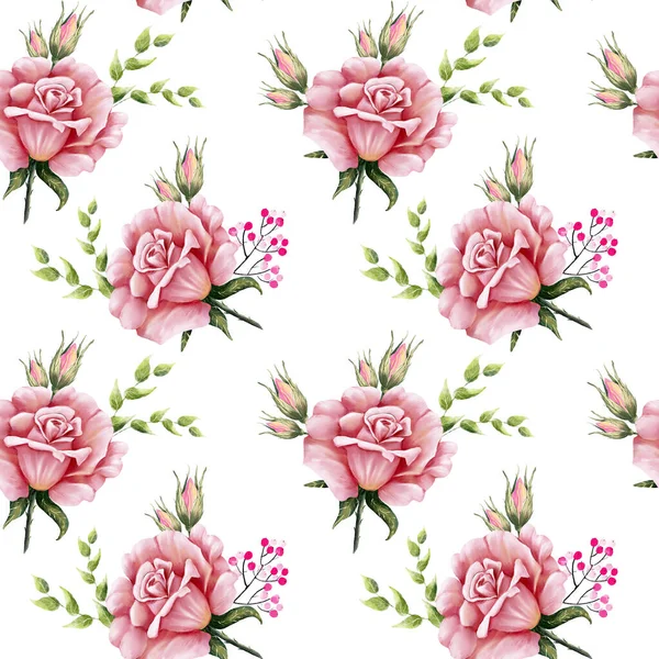 Χωρίς Ραφή Μοτίβο Τριαντάφυλλα Λευκό Φόντο Ροζ Μπουκέτο Φύλλα — Φωτογραφία Αρχείου