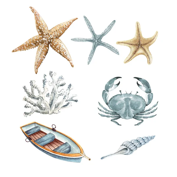 Conjunto Ilustraciones Acuarela Marina Habitantes Marinos Estrella Mar Barco Corales —  Fotos de Stock