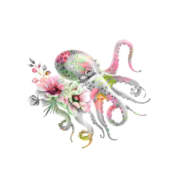 Bläckfisk Med Bukett Delikata Blommor Akvarell Illustration Vit Bakgrund — Stockfoto