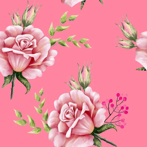 无缝隙花纹 有粉红色背景的玫瑰花 有叶子的粉红色花束 — 图库照片