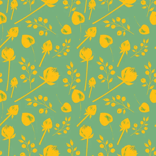 Zielone Bezszwowe Tło Żółtymi Kwiatami Pączkami — Zdjęcie stockowe