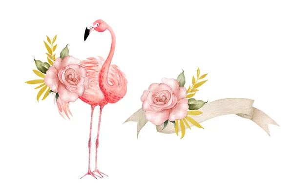 Fenicottero Rosa Con Fiori Illustrazione Romantica Set Uccelli Fiori Banner — Foto Stock