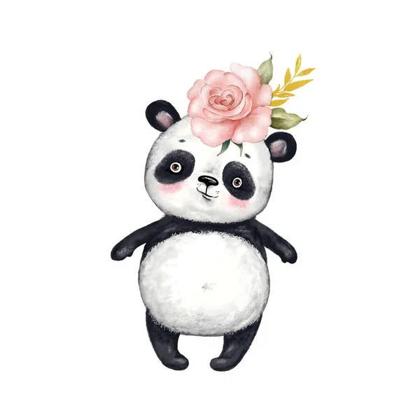 Ilustração Panda Bonito Com Uma Flor Rosa Cabeça Caráter Digital — Fotografia de Stock