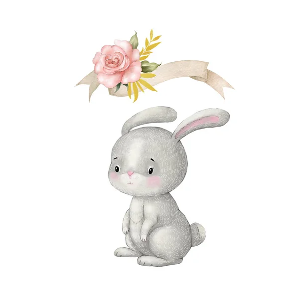 illustration of a cute gray rabbit with a decorative banner with a bouquet. digital drawing character