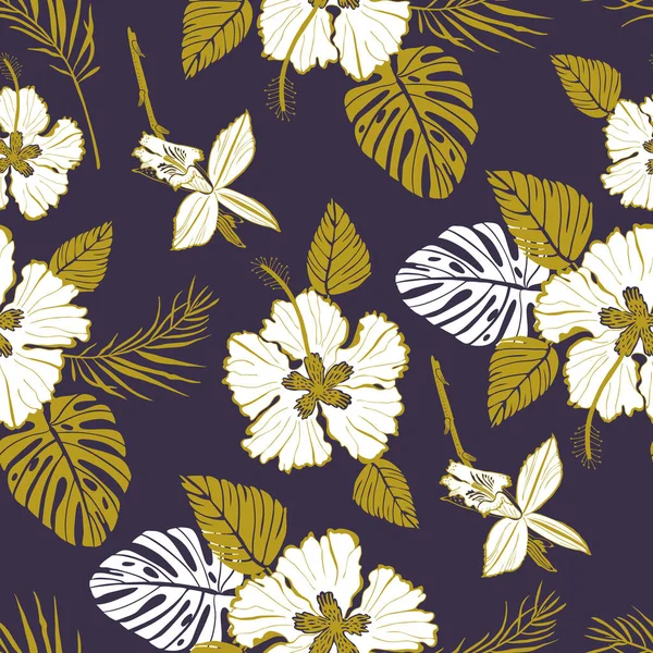 熱帯の花や葉を持つベクトルパターン — ストックベクタ